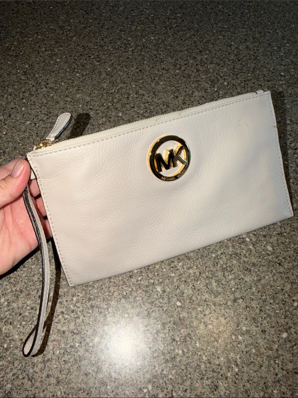 Michael Kors Cream Leather Wristlet with Gold MK Logo